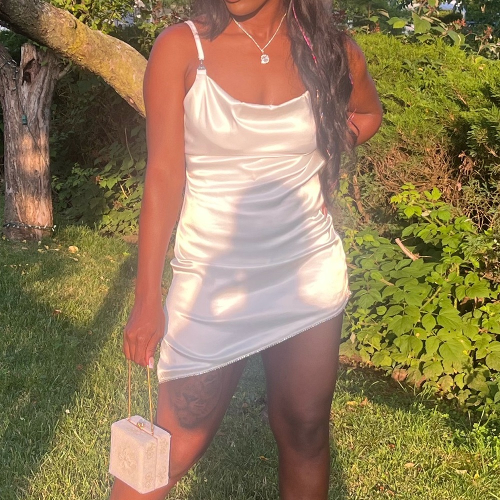 Satin Embellished Open Back Mini Dress